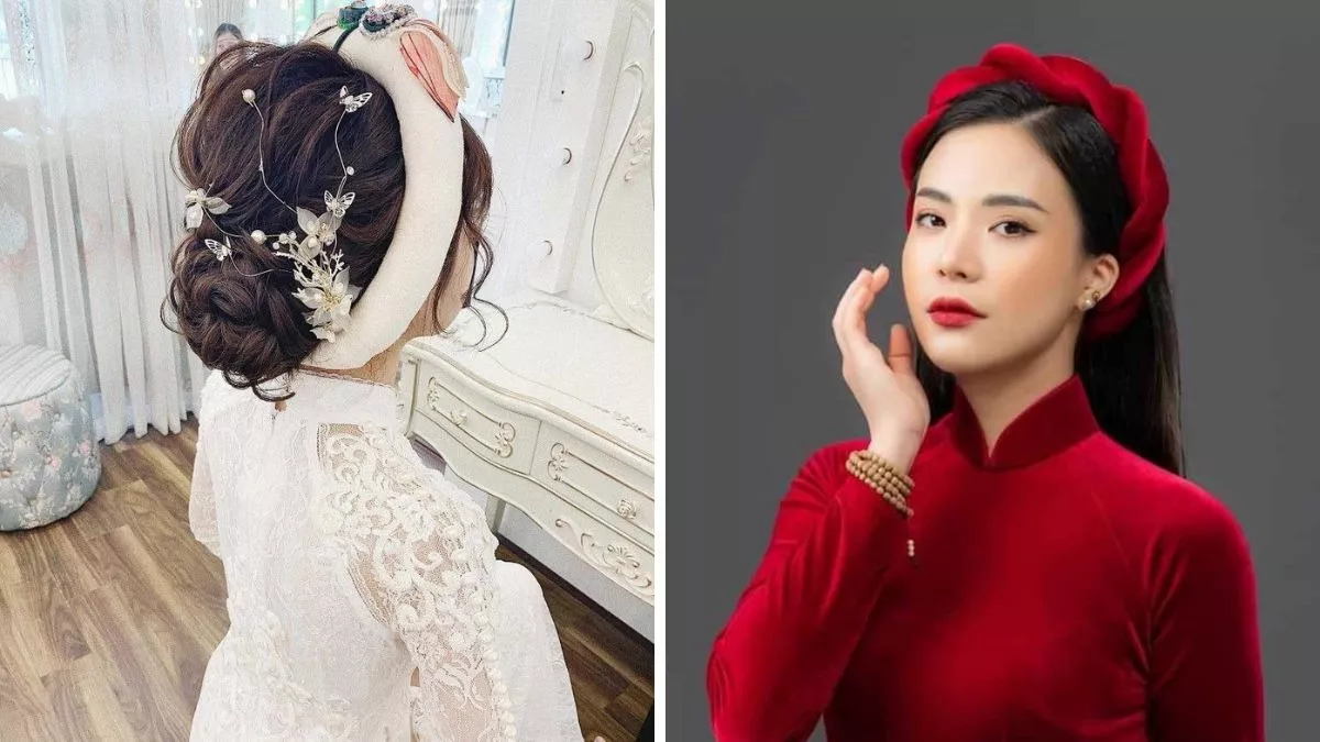 Mẫu tóc cô dâu đơn giản đội mấn