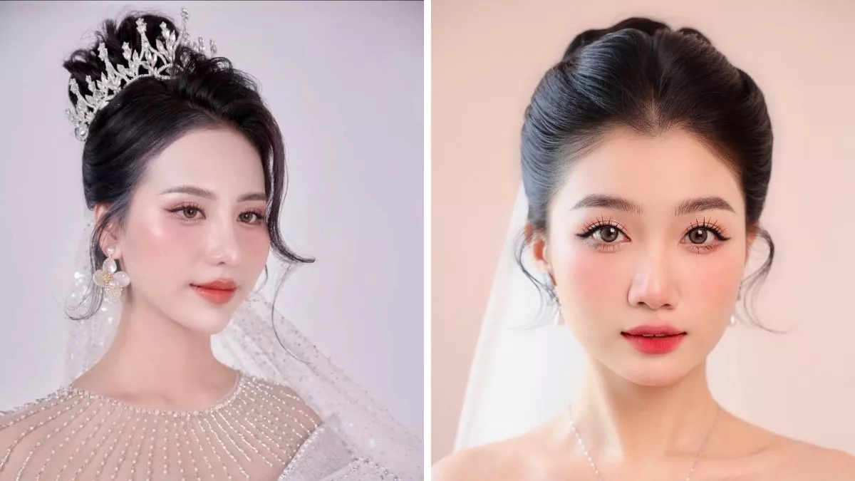 Kiểu tóc cô dâu búi cao cho mặt trái xoan, thanh lịch