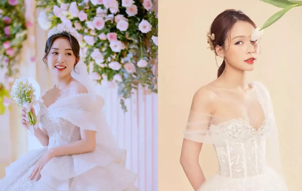 Kiểu tóc cô dâu đẹp mái thưa cho mặt tròn